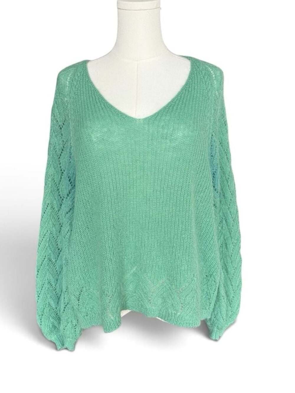 Sézane Green Kid Mohair Merino Wool Pointelle Knit Sweater Size M